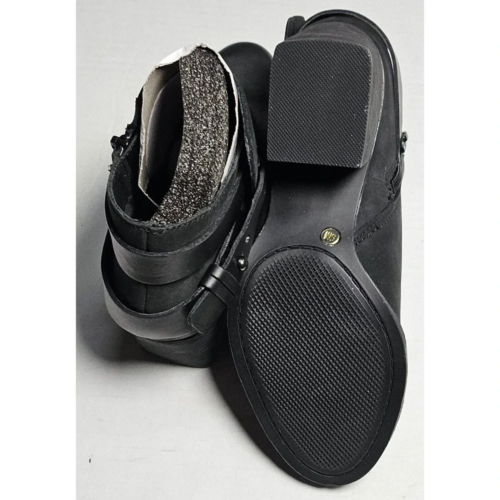 Sole Society Angie Black Leather Ankle Boots Block Heel Side Zip Buckle Womens 5